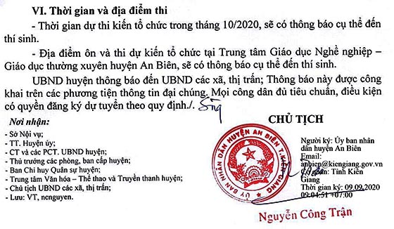 UBND huyện An Biên, Kiên Giang tuyển dụng công chức xã năm 2020
