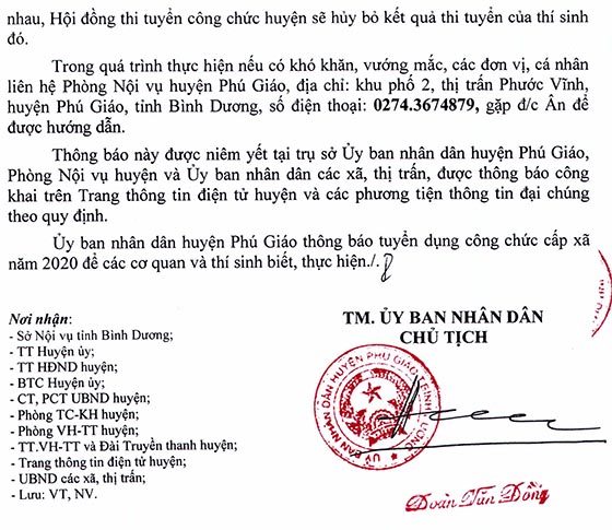 UBND huyện Phú Giáo, Bình Dương thông báo tuyển dụng công chức cấp xã năm 2020