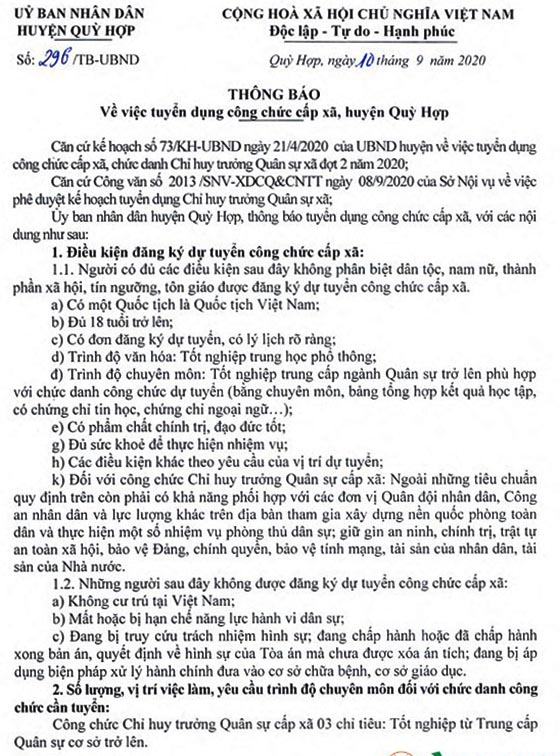 UBND huyện Quỳ Hợp, Nghệ An tuyển dụng công chức cấp xã năm 2020