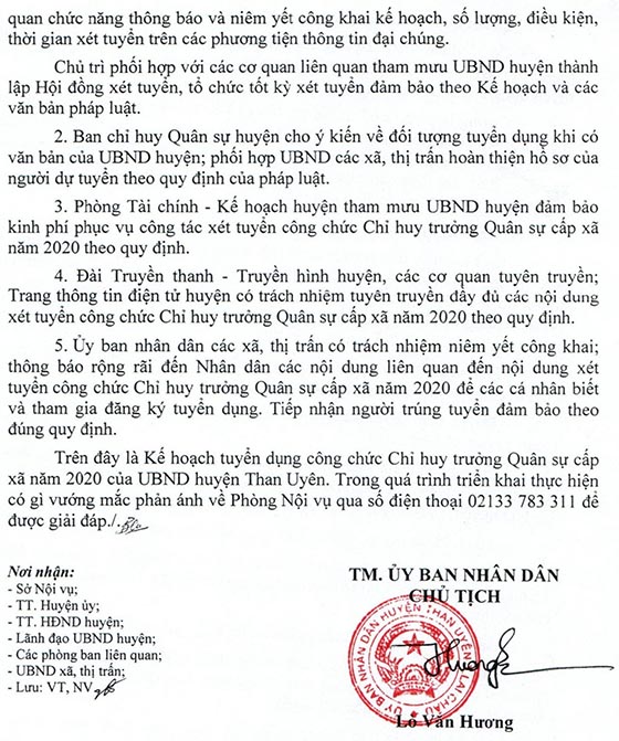 UBND huyện Than Uyên, Lai Châu tuyển dụng công chức Chỉ huy trưởng Quân sự xã năm 2020