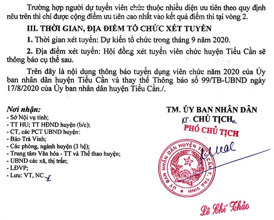 UBND huyện Tiểu Cần, Trà Vinh tuyển dụng viên chức năm 2020