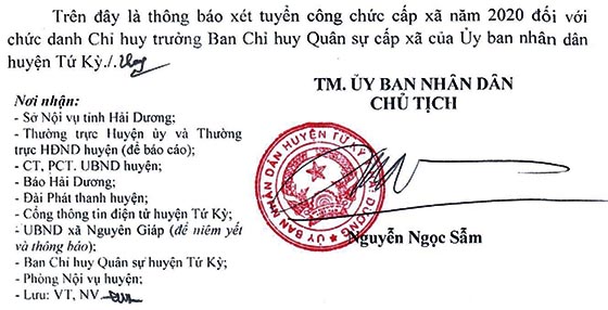 UBND huyện Tứ Kỳ, Hải Dương tuyển dụng công chức cấp xã năm 2020