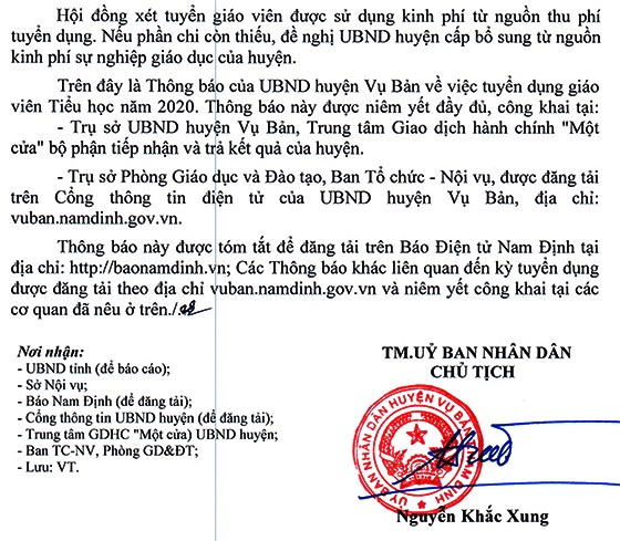 UBND huyện Vụ Bản, Nam Định tuyển dụng giáo viên Tiểu học năm 2020