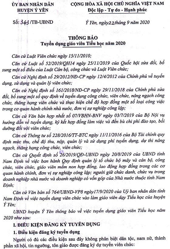 UBND huyện Ý Yên, tỉnh Nam Định tuyển dụng giáo viên tiểu học năm 2020