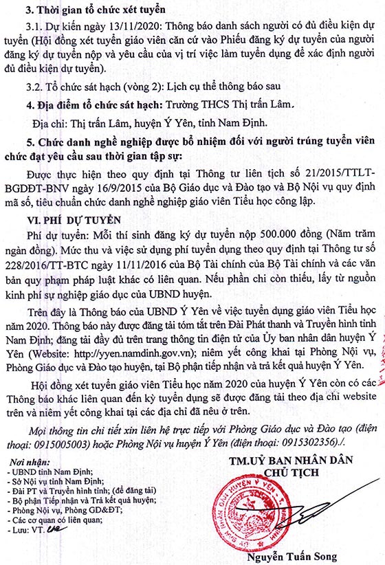 UBND huyện Ý Yên, tỉnh Nam Định tuyển dụng giáo viên tiểu học năm 2020