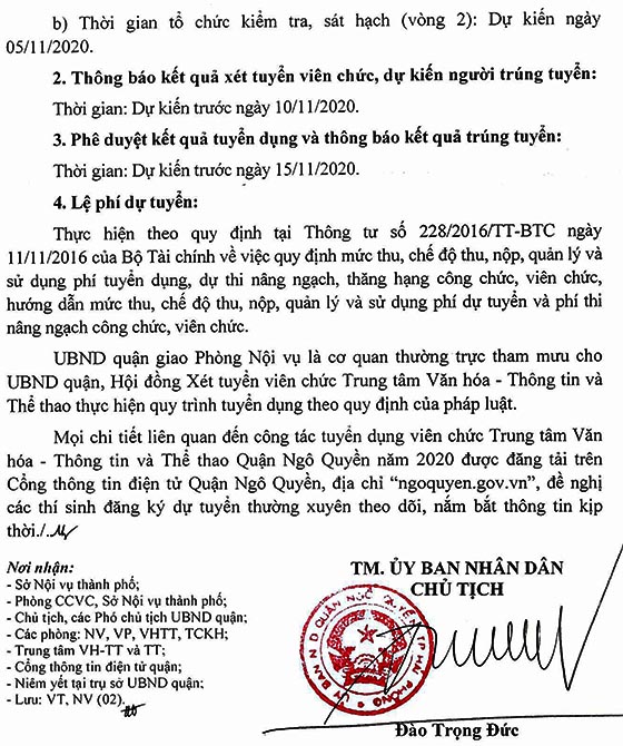 UBND quận Ngô Quyền, TP.Hải Phòng tuyển dụng viên chức năm 2020