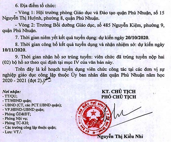UBND Quận Phú Nhuận, TP.HCM tuyển dụng viên chức năm học 2020-2021 (đợt 2)