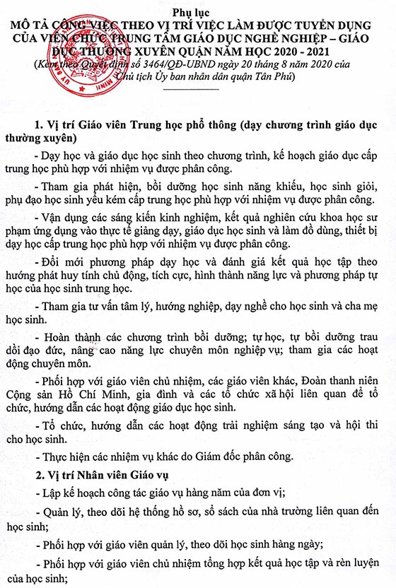 UBND quận Tân Phú, TP.HCM tuyển dụng viên chức năm 2020