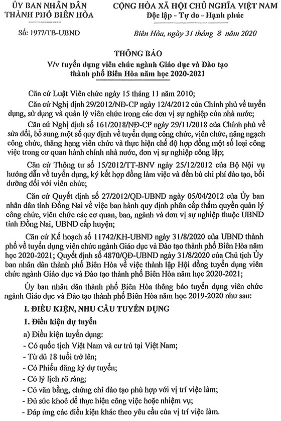 UBND TP.Biên Hòa, Đồng Nai tuyển dụng viên chức giáo dục năm 2020