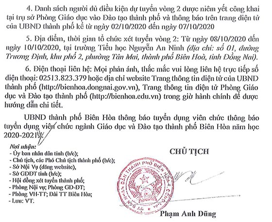 UBND TP.Biên Hòa, Đồng Nai tuyển dụng viên chức giáo dục năm 2020