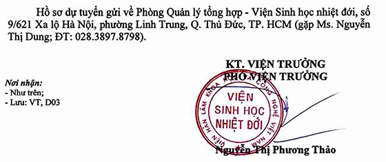 Viện Sinh học Nhiệt đới tuyển dụng viên chức năm 2020