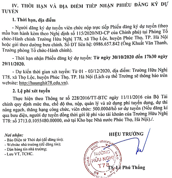 Trường Hữu Nghị T78 Hà Nội tuyển dụng viên chức năm 2020