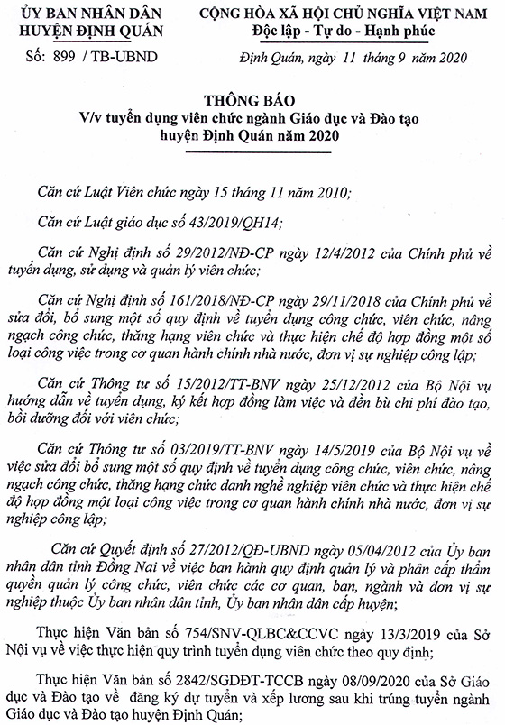 UBND huyện Định Quán, Đồng Nai tuyển dụng viên chức ngàng Giáo dục năm 2020