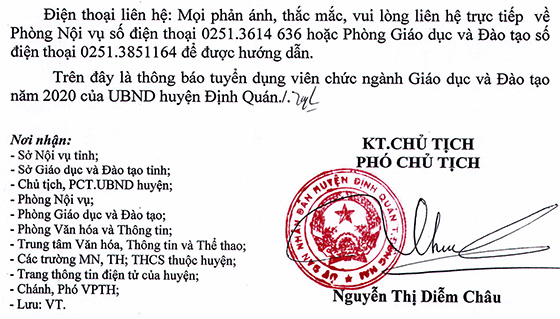 UBND huyện Định Quán, Đồng Nai tuyển dụng viên chức ngàng Giáo dục năm 2020