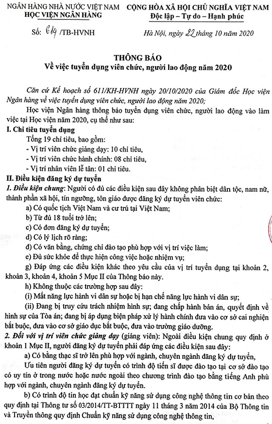 Học viện Ngân hàng tuyển dụng viên chức năm 2020