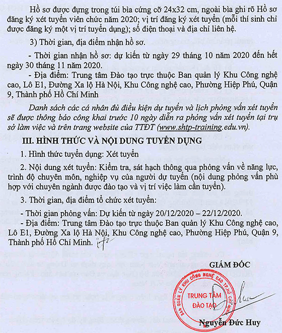Trung tâm Đào tạo Khu Công nghệ Cao TP.Hồ Chí Minh tuyển dụng viên chức năm 2020