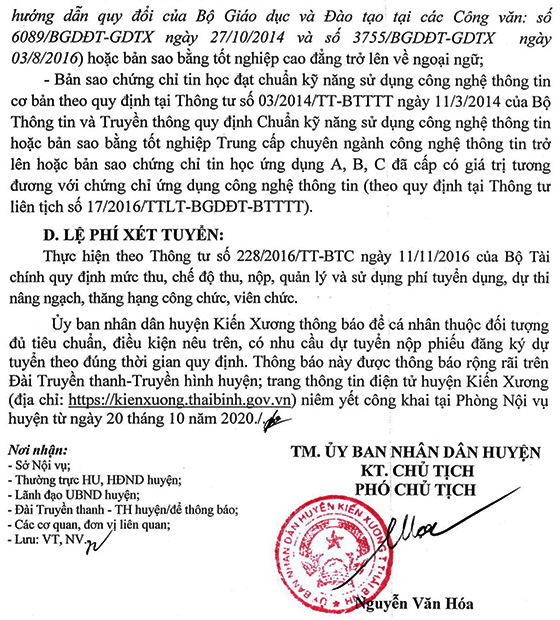 Trung tâm phát triển Cụm công nghiệp huyện Kiến Xương, Thái Bình tuyển dụng viên chức năm 2020