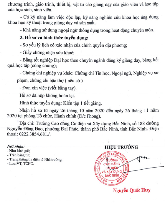 Trường Cao đẳng Cơ điện và Xây dựng Bắc Ninh tuyển dụng giảng viên năm 2020