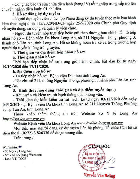 Bệnh viện Đa khoa Long An tuyển dụng viên chức đợt 2 năm 2020