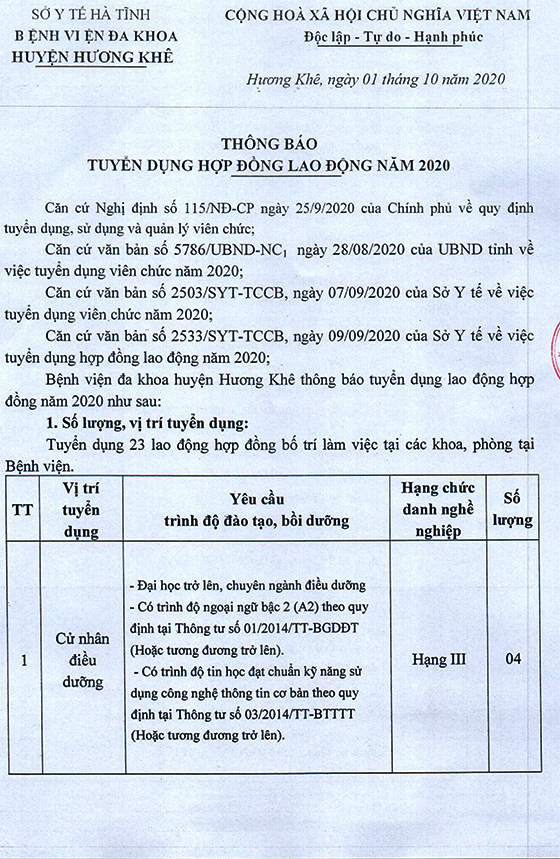 Bệnh viện đa khoa huyện Hương Khê, Hà Tĩnh tuyển dụng hợp đồng lao động năm 2020