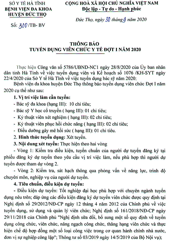 Bệnh viện đa khoa huyện Đức Thọ, Hà Tĩnh tuyển dụng viên chức năm 2020