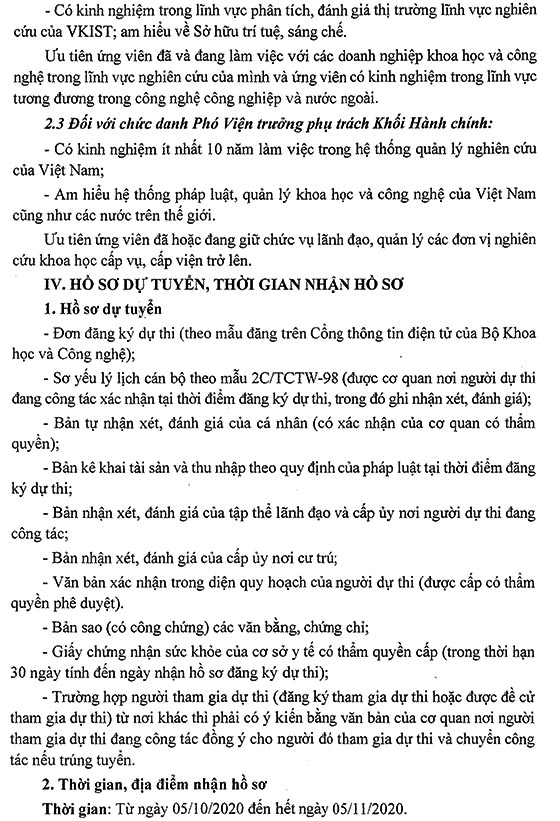 Bộ Khoa học và Công nghệ tuyển dụng Phó Viện trưởng Viện Khoa học và Công nghệ Việt Nam - Hàn Quốc năm 2020