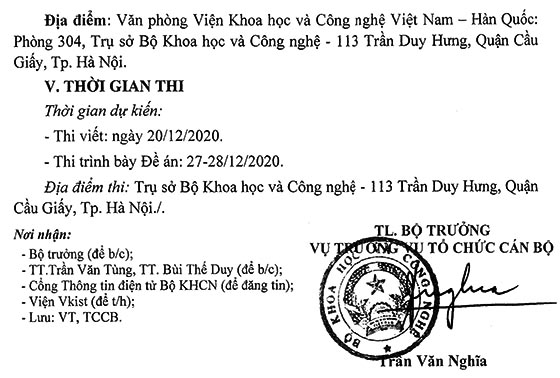 Bộ Khoa học và Công nghệ tuyển dụng Phó Viện trưởng Viện Khoa học và Công nghệ Việt Nam - Hàn Quốc năm 2020