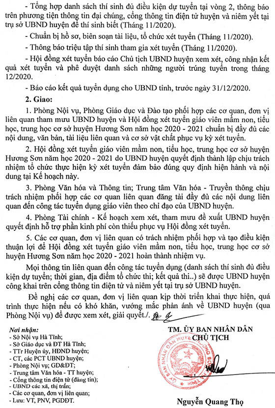 UBND huyện Hương Sơn, Hà Tĩnh tuyển dụng giáo viên các cấp năm 2020