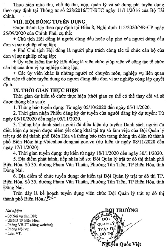 Đội Quản lý Trật tự đô thị thành phố Biên Hòa, Đồng Nai tuyển dụng viên chức năm 2020