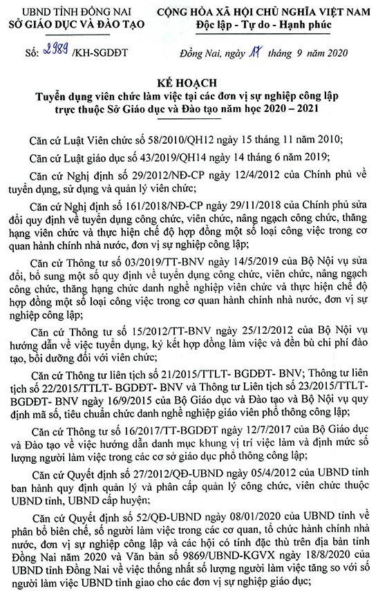 Sở Giáo dục và Đào tạo tỉnh Đồng Nai tuyển dụng viên chức năm học 2020 - 2021