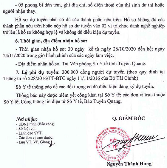 Sở Y tế tỉnh Tuyên Quang tuyển dụng viên chức y tế năm 2020
