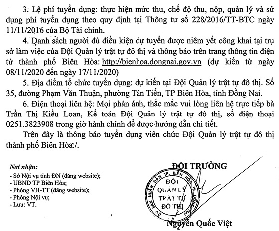 Đội Quản lý Trật tự đô thị thành phố Biên Hòa, Đồng Nai tuyển dụng viên chức năm 2020