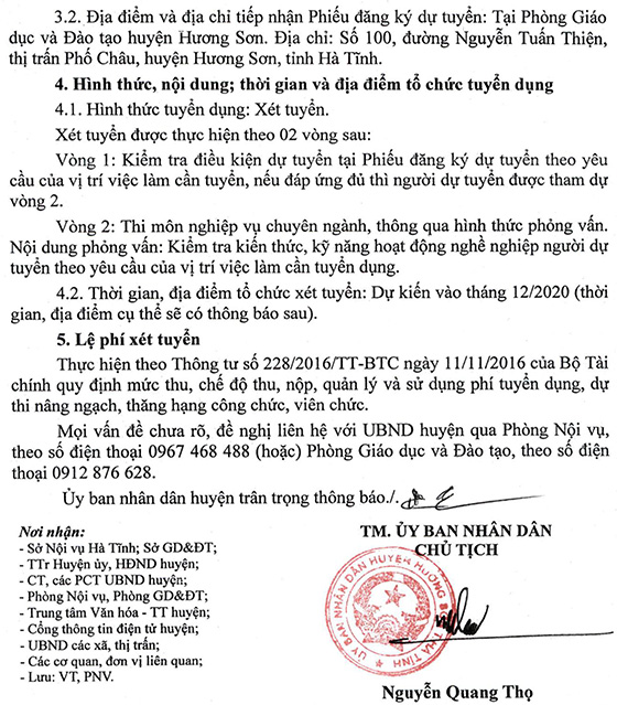 UBND huyện Hương Sơn, Hà Tĩnh tuyển dụng giáo viên các cấp năm 2020