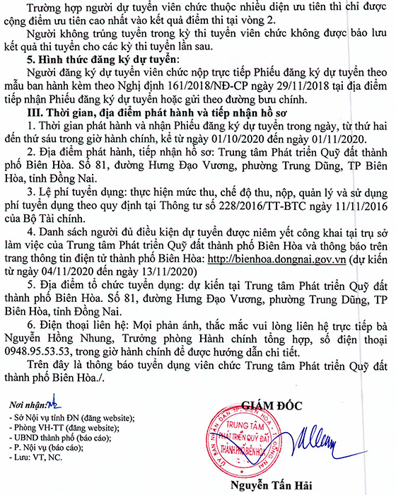 Trung tâm Phát triển quỹ đất thành phố Biên Hòa, Đồng Nai tuyển dụng viên chức năm 2020