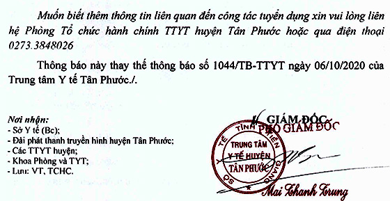 Trung tâm Y tế huyện Tân Phước, Tiền Giang tuyển dụng viên chức Y tế đợt 2 năm 2020