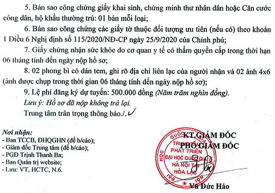 Trung tâm phát triển ĐHQG tại Hòa Lạc tuyển dụng viên chức năm 2020