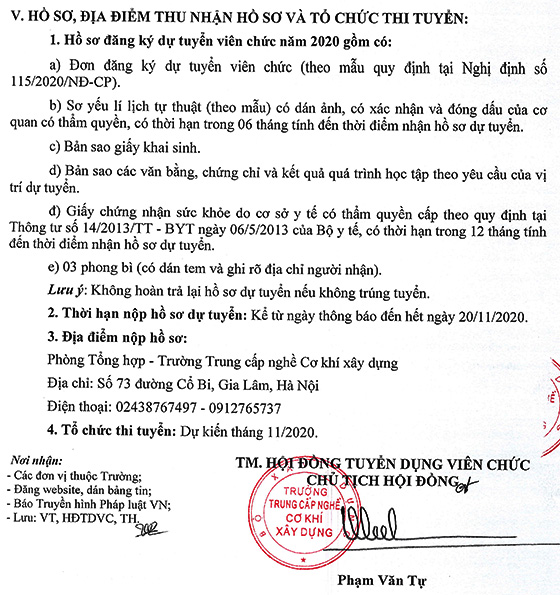 Trường Trung cấp nghề Cơ khí xây dựng tuyển dụng viên chức đợt 2 năm 2020