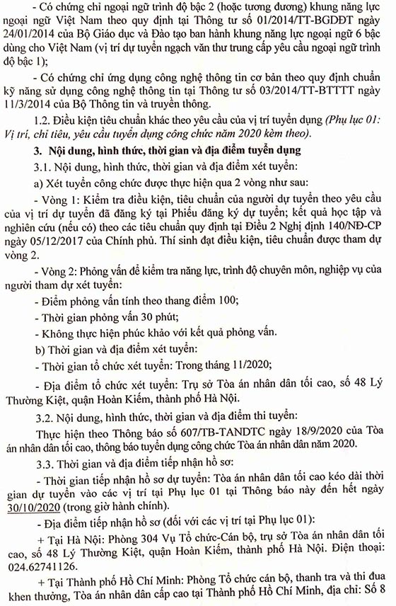 Tòa án nhân dân tối cao tuyển dụng công chức năm 2020