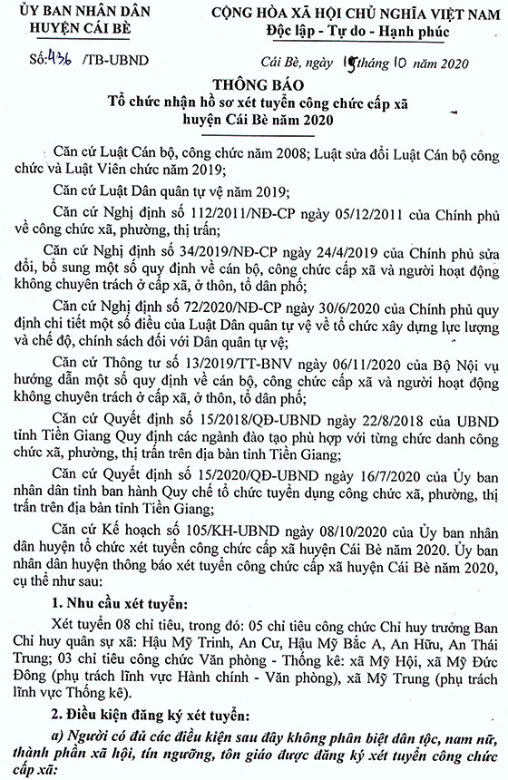UBND huyện Cái Bè, Tiền Giang tuyển dụng công chức cấp xã năm 2020