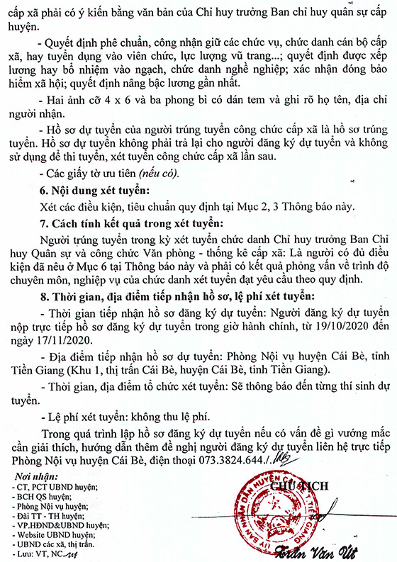 UBND huyện Cái Bè, Tiền Giang tuyển dụng công chức cấp xã năm 2020