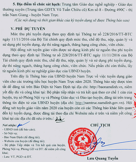 UBND huyện Nam Trực, Nam Định tuyển dụng giáo viên tiểu học năm 2020