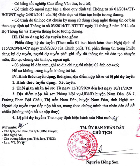 UBND huyện Nam Đàn, Nghệ An tuyển dụng viên chức năm 2020