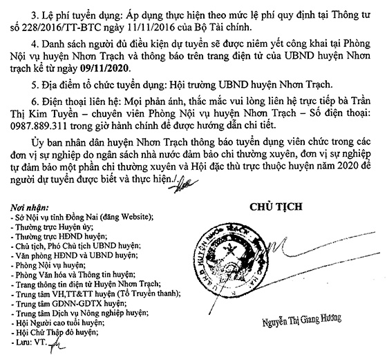 UBND huyện Nhơn Trạch, Đồng Nai tuyển dụng viên chức trong các đơn vị sự nghiệp năm 2020