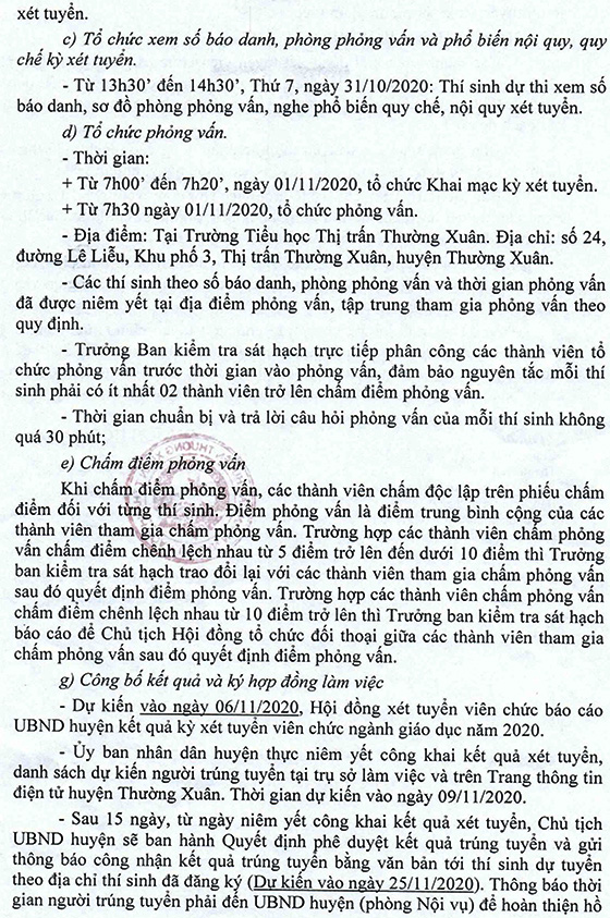 UBND huyện Thường Xuân, Thanh Hóa thông báo kế hoạch xét tuyển vòng 2 viên chức ngành GD&ĐT năm 2020