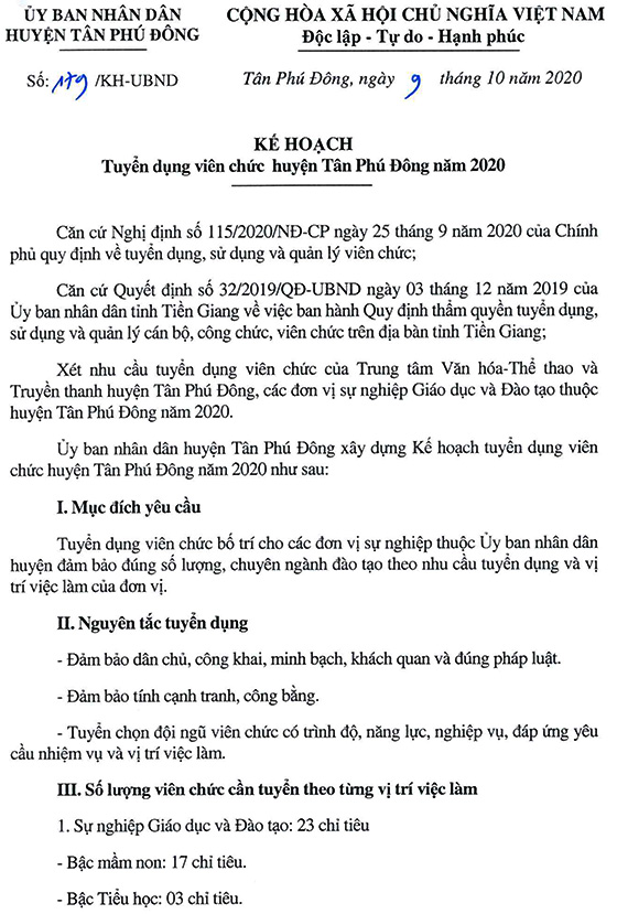 UBND huyện Tân Phú Đông, Tiền Giang tuyển dụng viên chức năm 2020