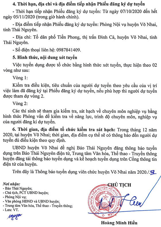UBND huyện Võ Nhai, Thái Nguyên tuyển dụng viên chức năm 2020