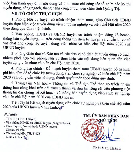 UBND huyện Vĩnh Linh, Quảng Trị tuyển dụng viên chức năm 2020