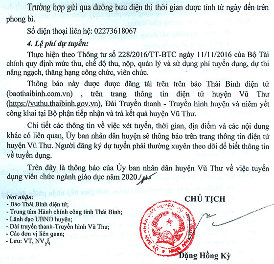 UBND huyện Vũ Thư, Thái Bình tuyển dụng viên chức năm 2020