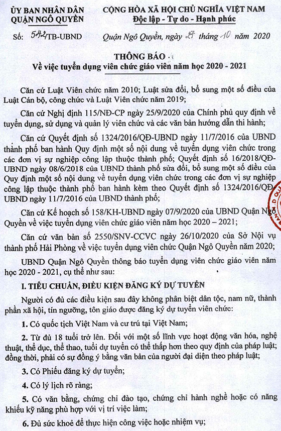 UBND quận Ngô Quyền, Hải Phòng tuyển dụng viên chức giáo viên năm học 2020-2021