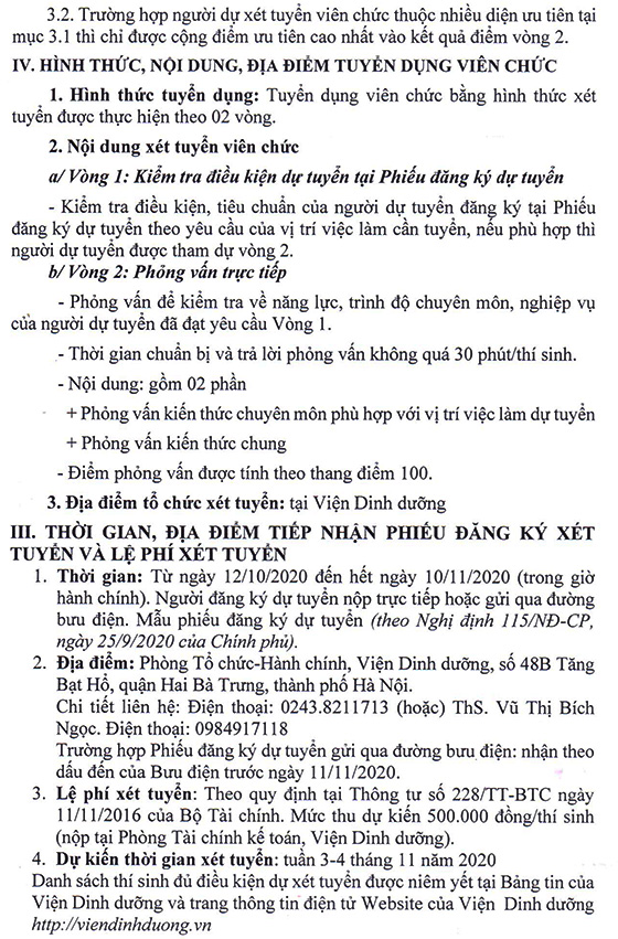 Viện Dinh Dưỡng, thành phố Hà Nội tuyển dụng viên chức năm 2020